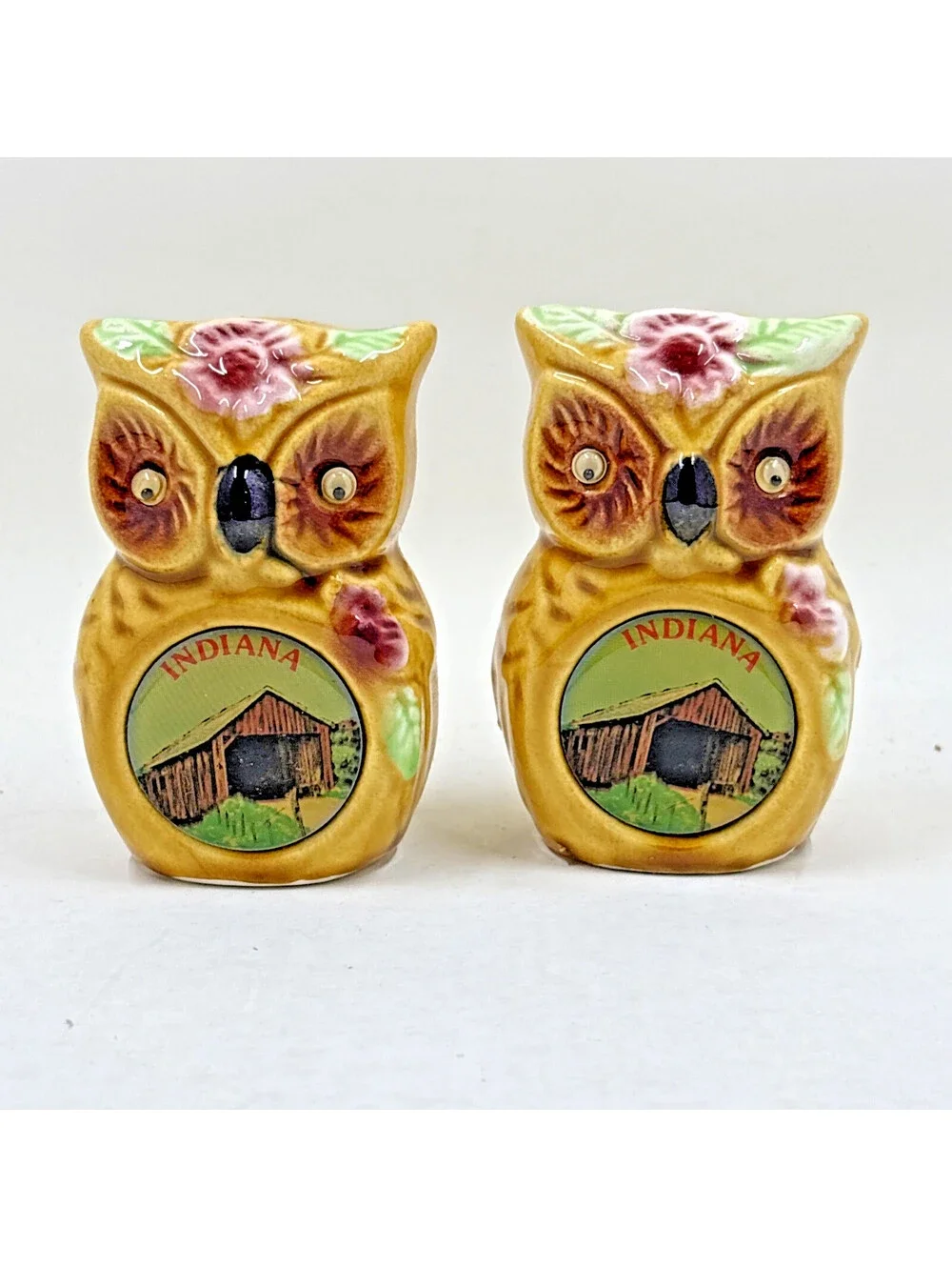 Owl Salt and Pepper Shakers Floral  Vintage Indiana Bridges Souvenir pieces